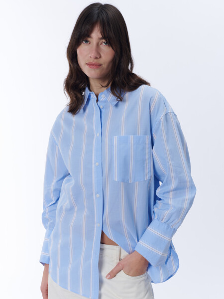 Camisa manga larga con bolsillos rayas Finas Celeste Y Crudo
