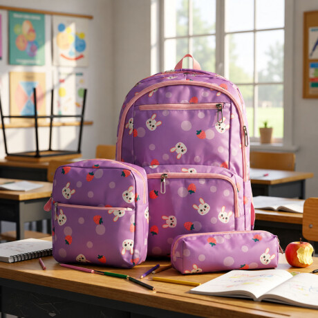 Set Mochila 3 Piezas Diseño Frutillitas Escolar Resistente Lila
