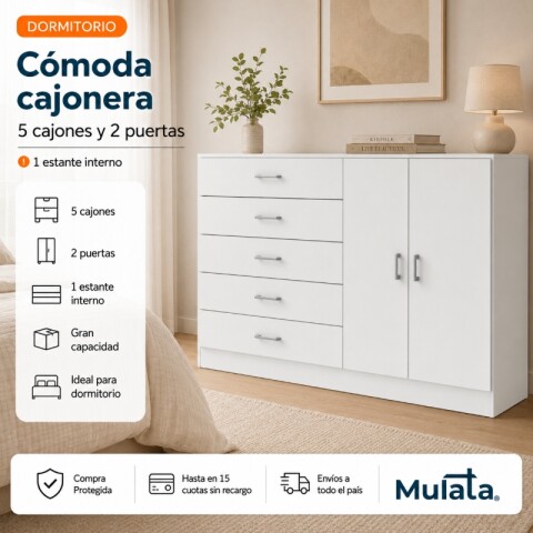 Cómoda Cajonera para Dormitorio de 5 Cajones 2 Puertas y 1 Estante interno - FE - Blanco Cómoda Cajonera para Dormitorio de 5 Cajones 2 Puertas y 1 Estante interno - FE - Blanco