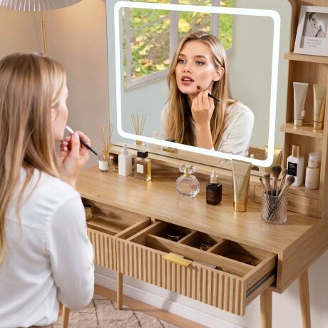 TOCADOR MAQUILLAJE MODERNO ESPEJO LUZ LED + ENCHUFE 3 CAJONES REPISAS ORGANIZADORAS PATAS METÁLICAS RÚSTICO