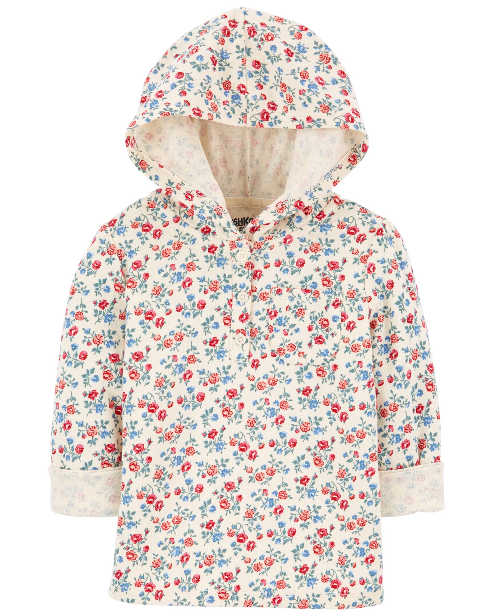 Remera de algodón con capucha, manga larga y botones diseño flores Sin color