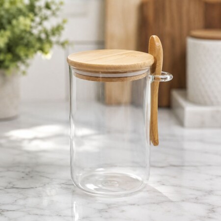 FRASCO CILÍNDRICO 350ML CON TAPA Y CUCHARA DE MADERA FRASCO CILÍNDRICO 350ML CON TAPA Y CUCHARA DE MADERA