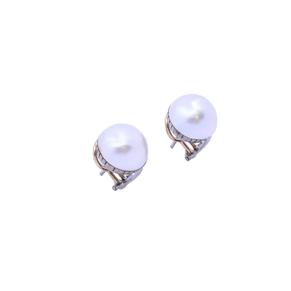 Caravanas oro 18k 2 tonos con perlas mabe. Caravanas oro 18k 2 tonos con perlas mabe.