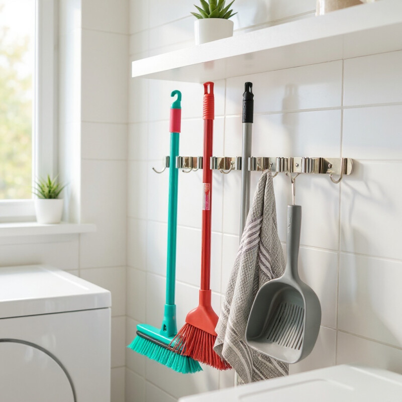 Soporte Escoba X 5 Clip Acero Inox Con Ganchos Casa Practica Sin Color