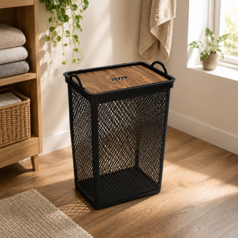 Cesto de ropa con tapa simil madera 49 Lts NEGRO