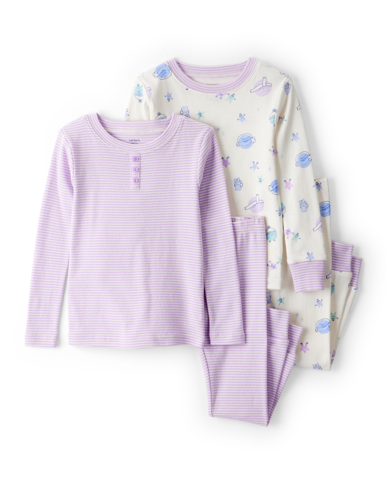 Pijama cuatro piezas de algodón, dos remeras manga larga y dos pantalones, diseño espacial Sin color