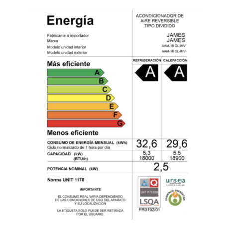 Aire Acondicionado JAMES AAM-18 INF-INV 18000 BTU Inverter