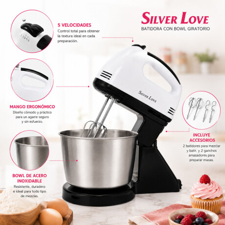 Batidora Con Bowl Giratorio Acero inox 7 Vel 300w Motor Blanco