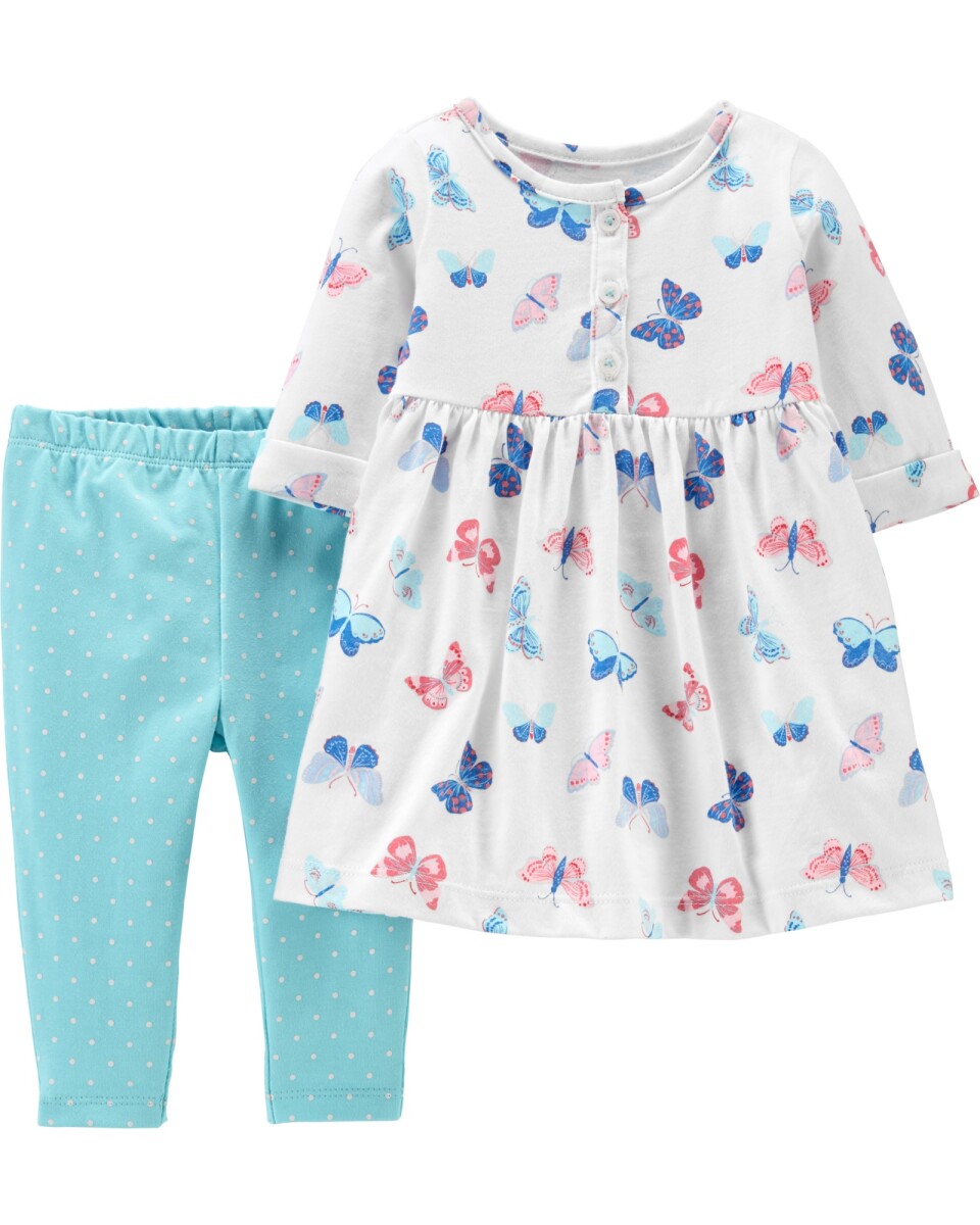 Set dos piezas de algodón, vestido y calza, diseño mariposas 