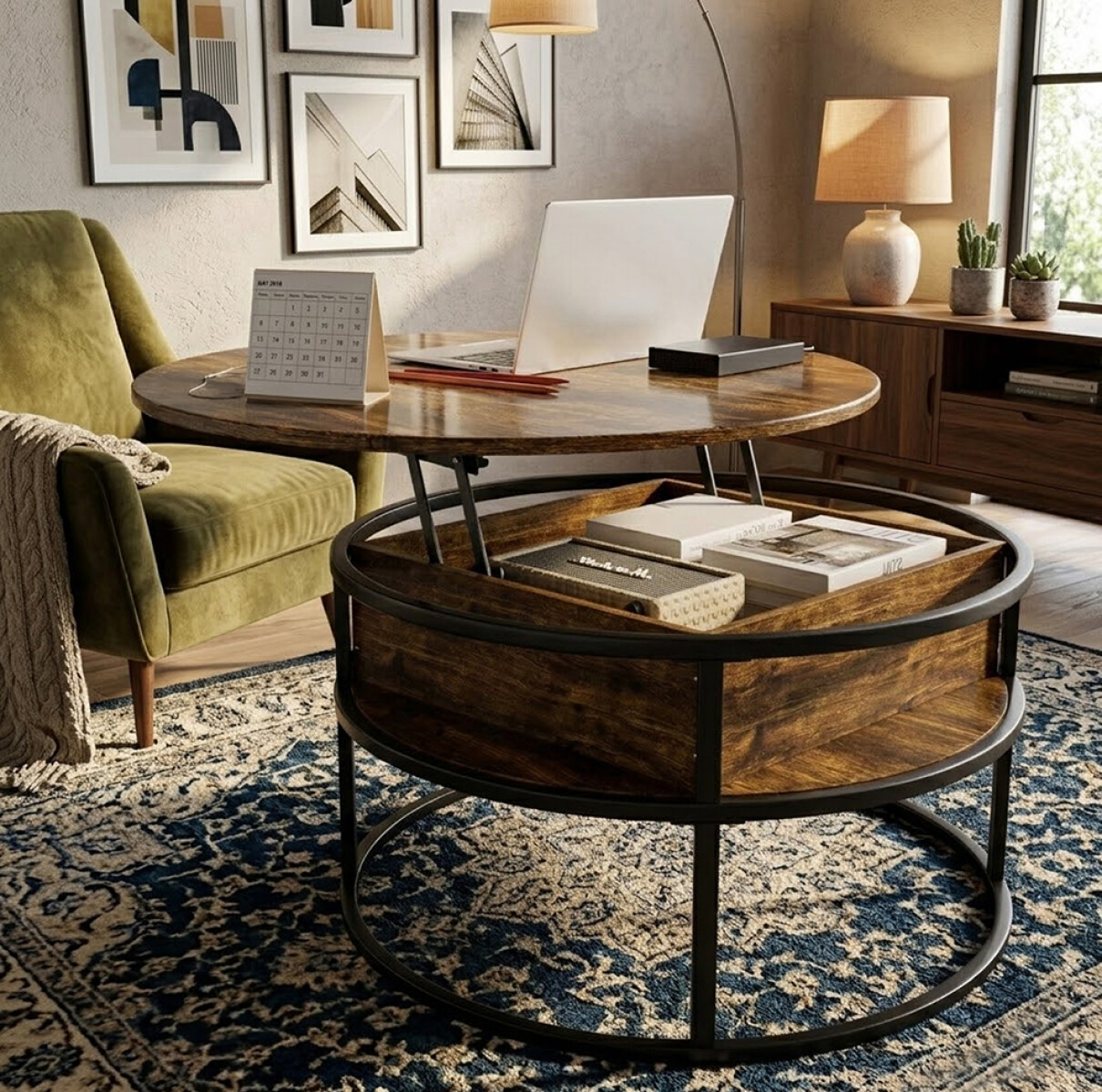 MESA DE LIVING CENTRO AUXILIAR ELEVABLE - TAPA CIRCULAR - Color madera 