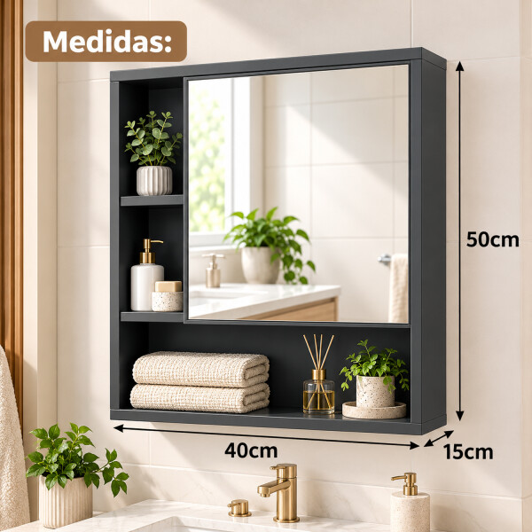 Espejo Para Baño Con Estantes 40 X 50 Cm Movi Esh0069 ESPEJO BOTIQUIN MOVI ESH0069 NEGRO