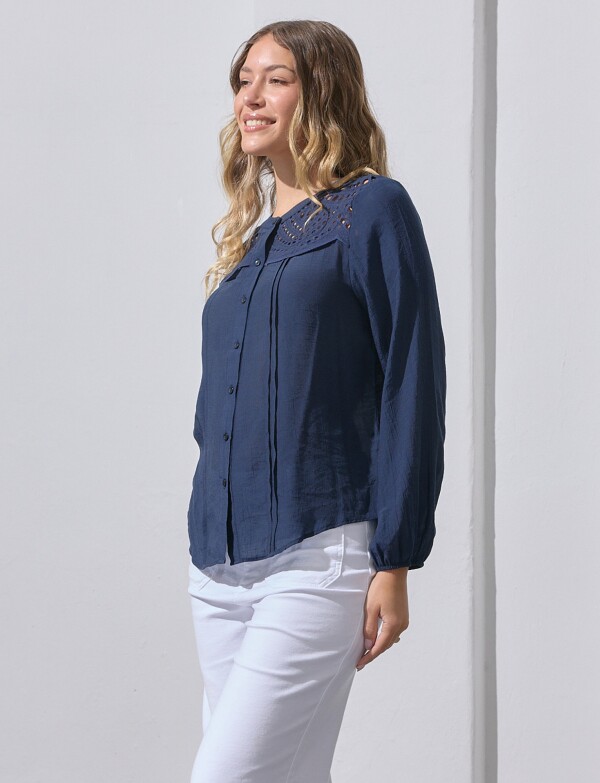 Blusa Botones Detalle Broderie AZUL