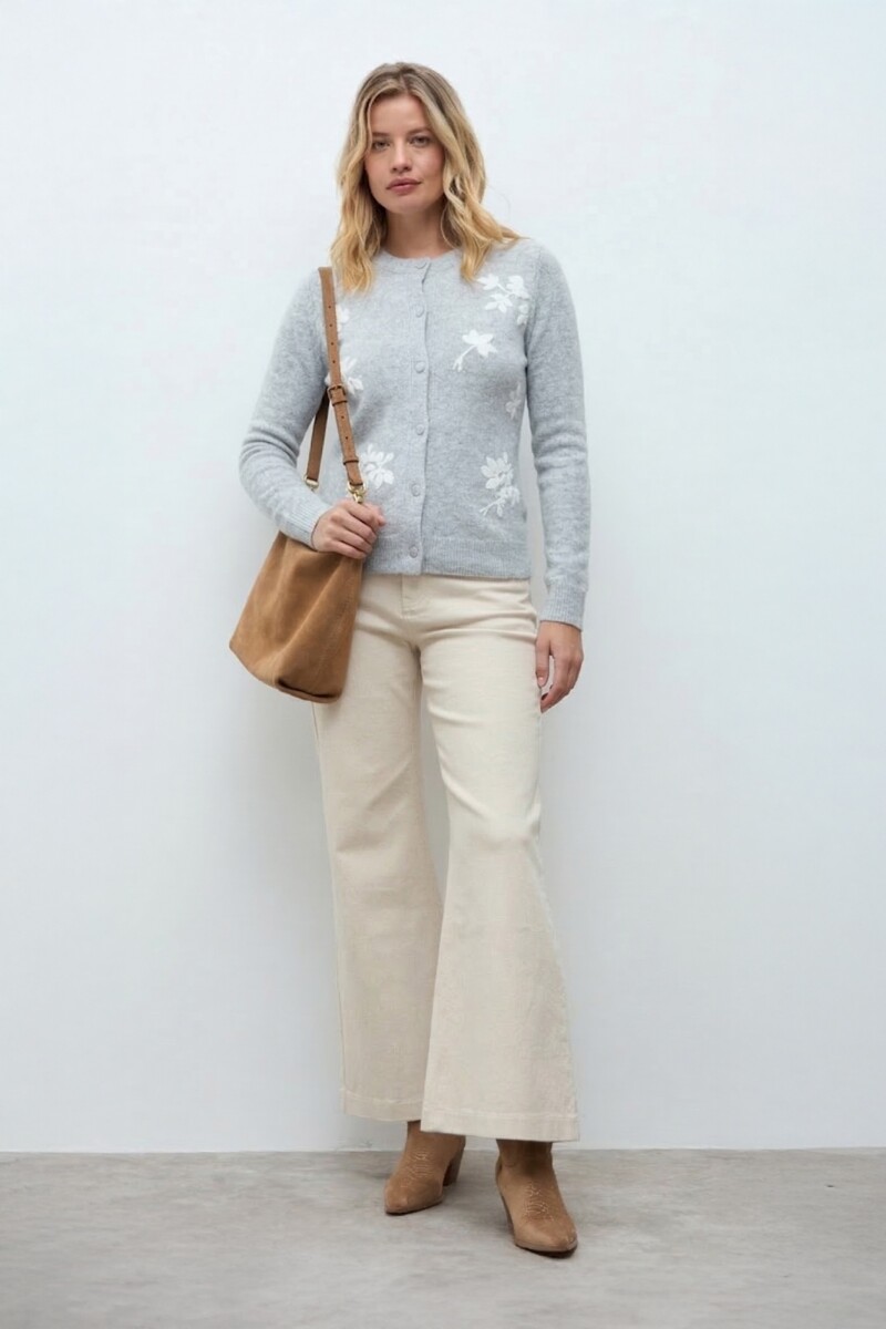 Cardigan bordado floral - gris melange 
