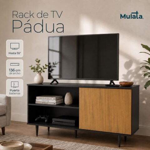 Mueble Rack de Tv PADUA de Piso con Puerta y Estantes 136 cm de Ancho - Negro / Freijo Mueble Rack de Tv PADUA de Piso con Puerta y Estantes 136 cm de Ancho - Negro / Freijo