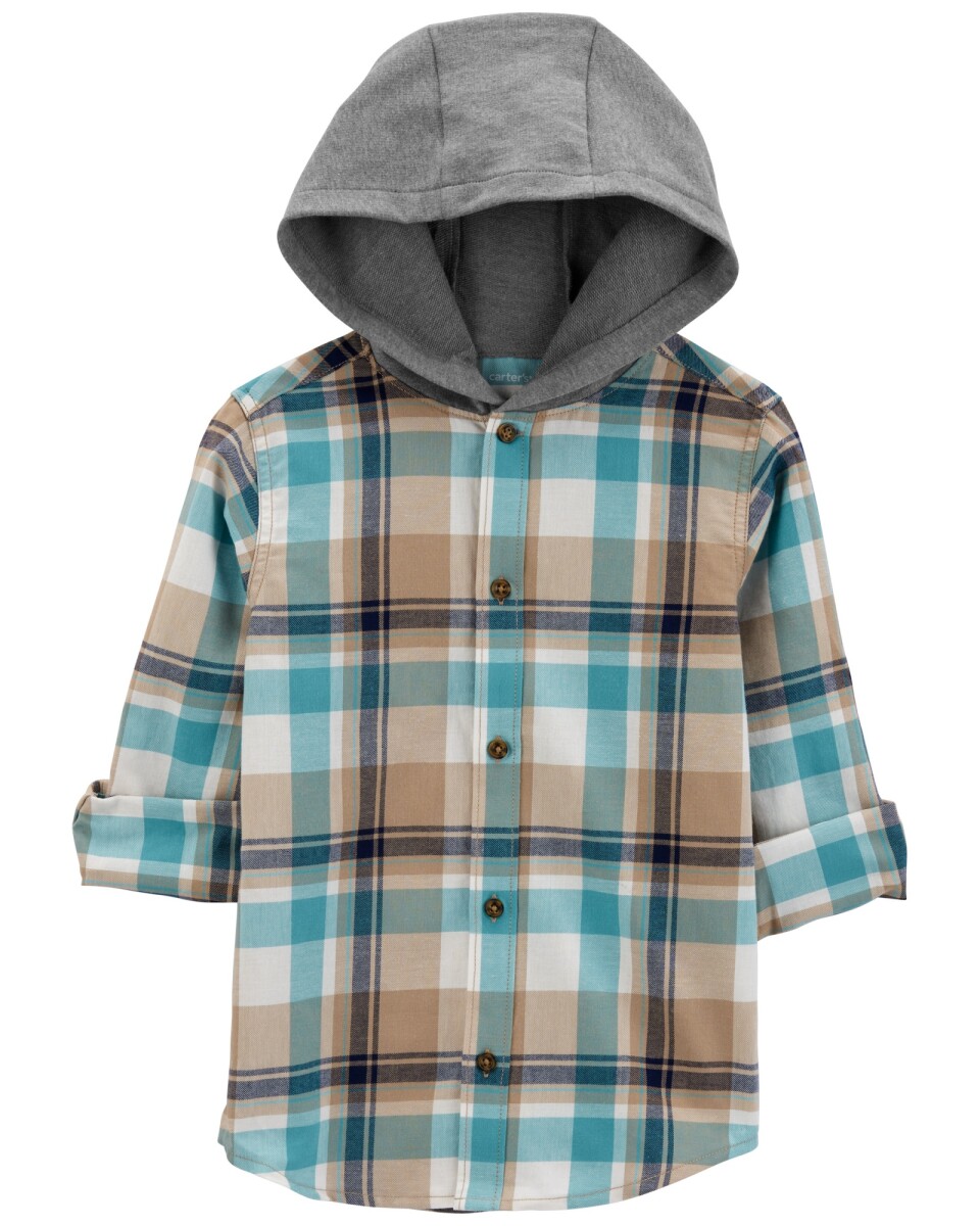 Camisa de sarga, con capucha, diseño a cuadros. Talles 6-8 