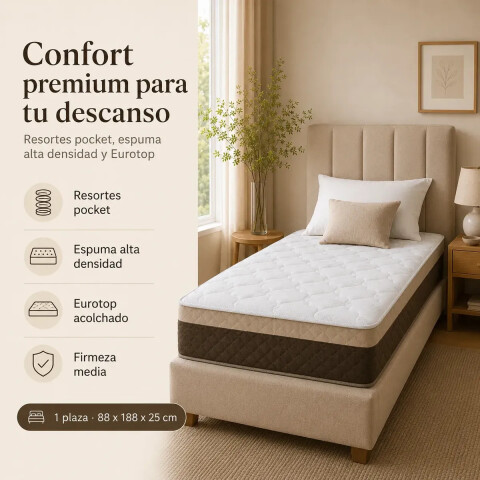 Colchón 1 Plaza Pocket Eurotop con Pillow Colchón 1 Plaza Pocket Eurotop con Pillow