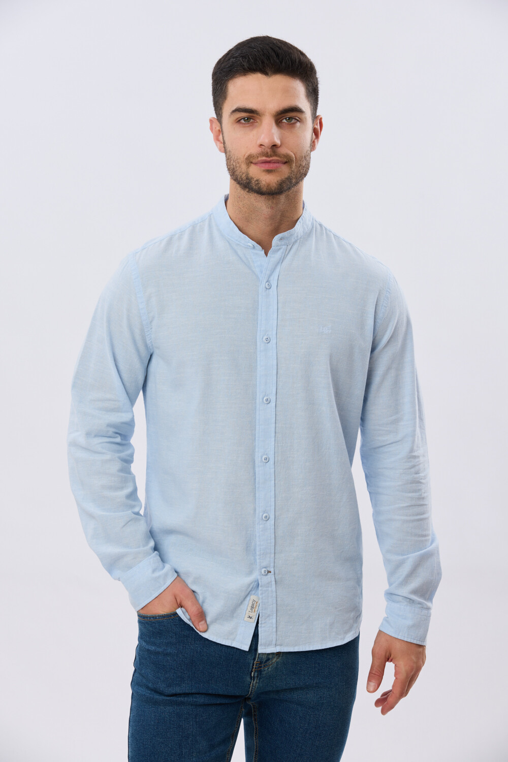CAMISA LINO CUELLO MAO Celeste