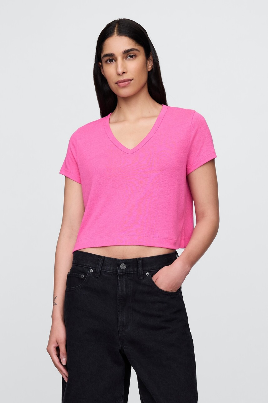 Remera Lino Crop Manga Corta Mujer Phoebe Pink