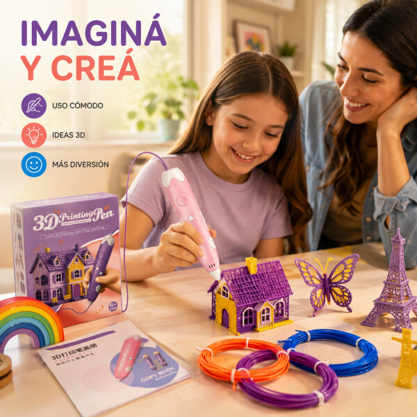 Lapicera 3D Infantil Recargable con Filamentos Rosa