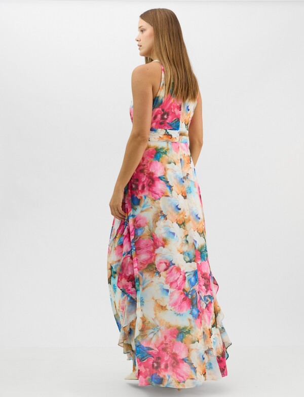 Vestido Largo Estampado Floral Con Cuello Halter MULTI/ROSA