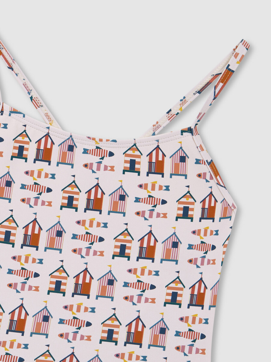 Traje De Baño Estampado Casitas Blanco Roto