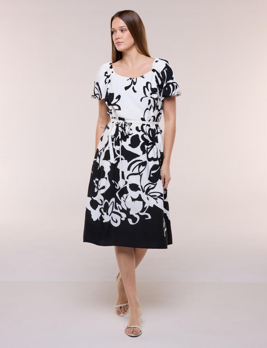 Vestido Midi Con Mangas Balloon - Negro/crudo 