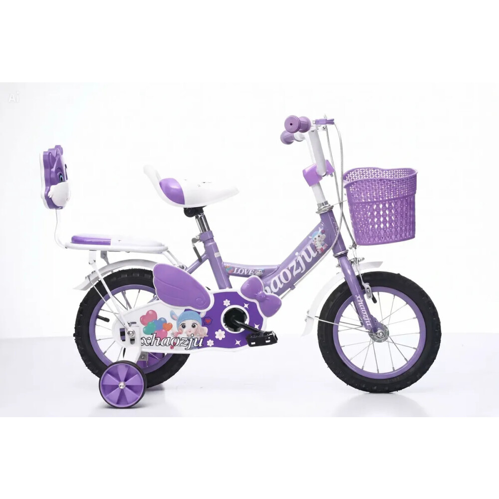 Bicicleta rodado 16 con rueditas, canasto y asiento trasero. Lila