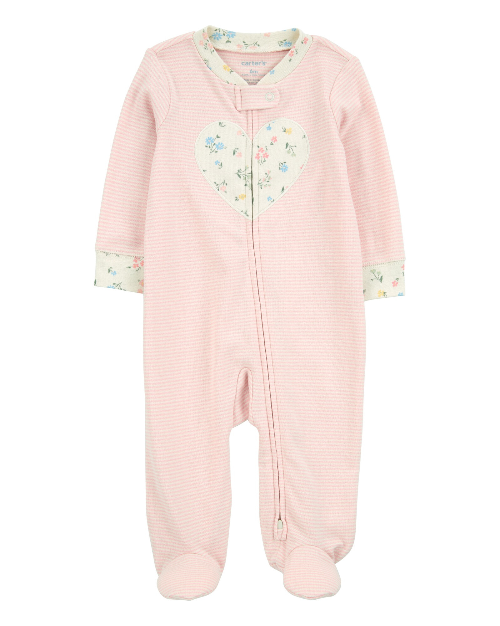 Pijama una pieza de algodón, con pie, rosado, estampa corazón Sin color