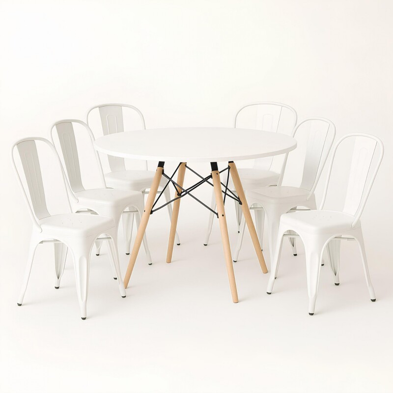 Juego de comedor mesa Redonda 120cm + 6 Sillas Tolix Blanco
