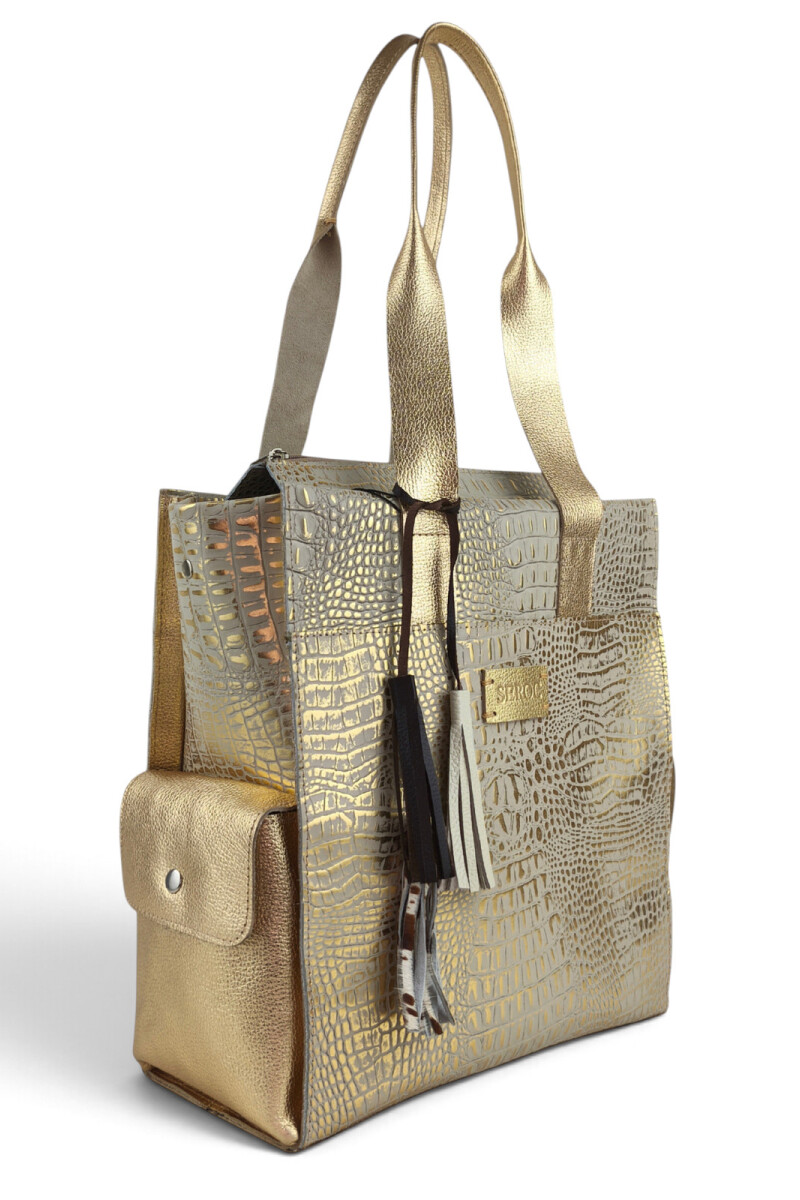 Bolso Tote de Cuero Vacuno y Pelo Natural Croco beige y dorado