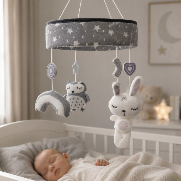 Móvil Musical Cuna Bebé Animalitos Peluche Giratorio 360° Blanco 1