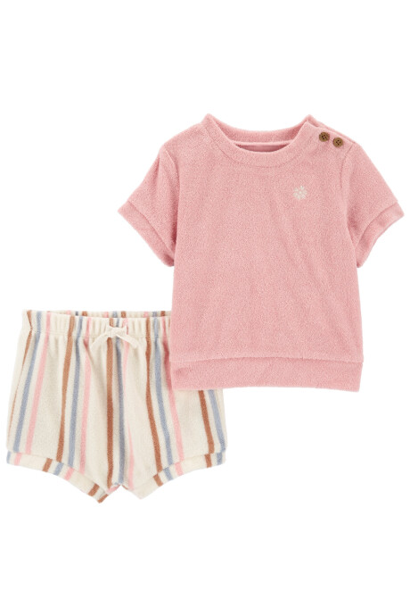 Set dos piezas de rizo, short a rayas y remera manga corta Sin color