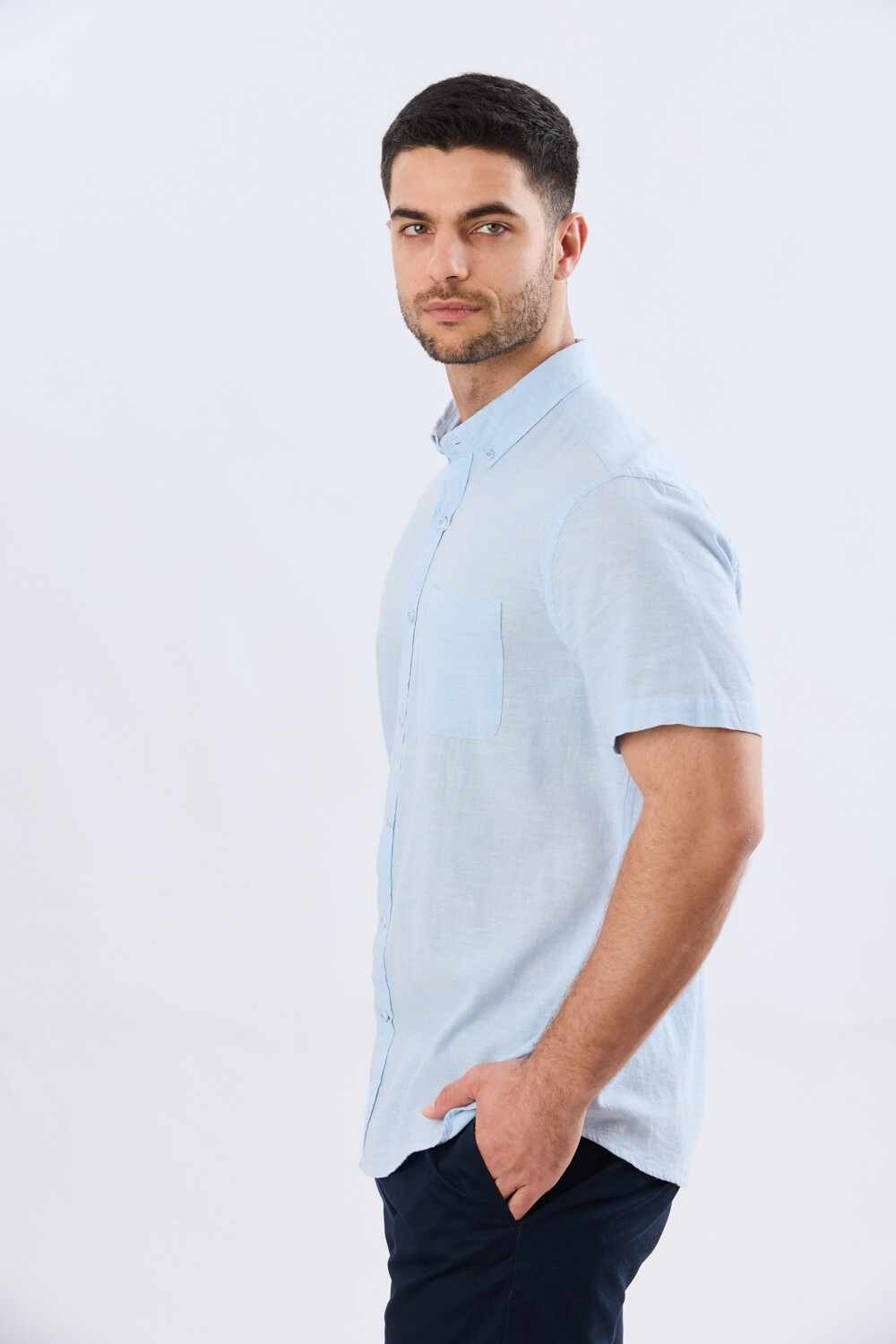CAMISA LISA DE LINO Celeste