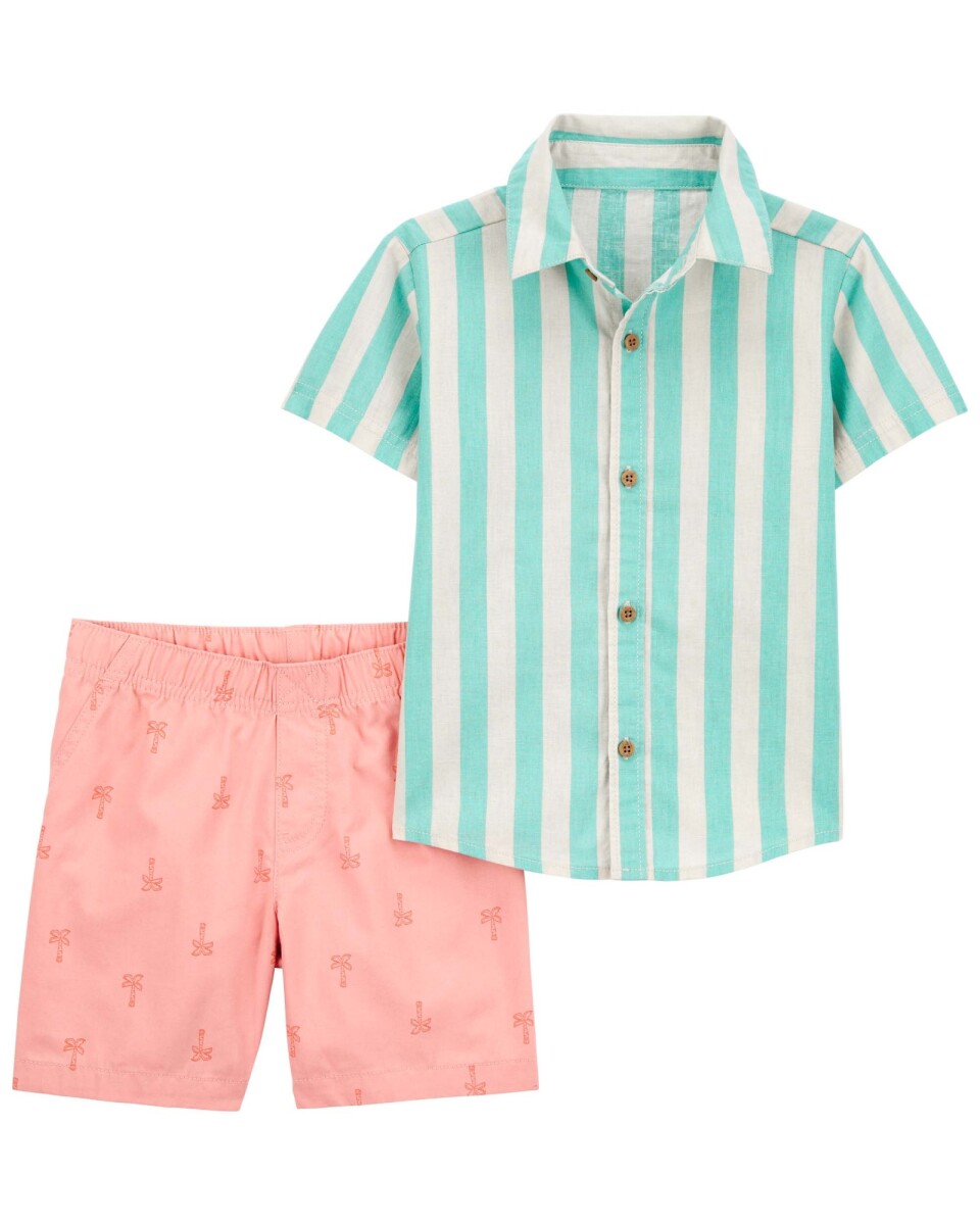 Set dos piezas, short de algodón y camisa de lino estampadas 