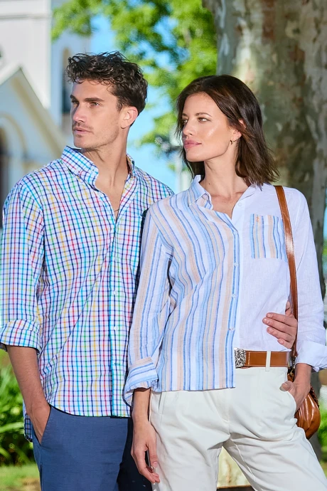 Camisa Suspiro en Lino Combinada Rayas de Colores con Blanco