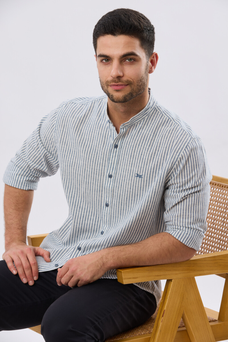 CAMISA RAYADA DE LINO CUELLO MAO - Denim 