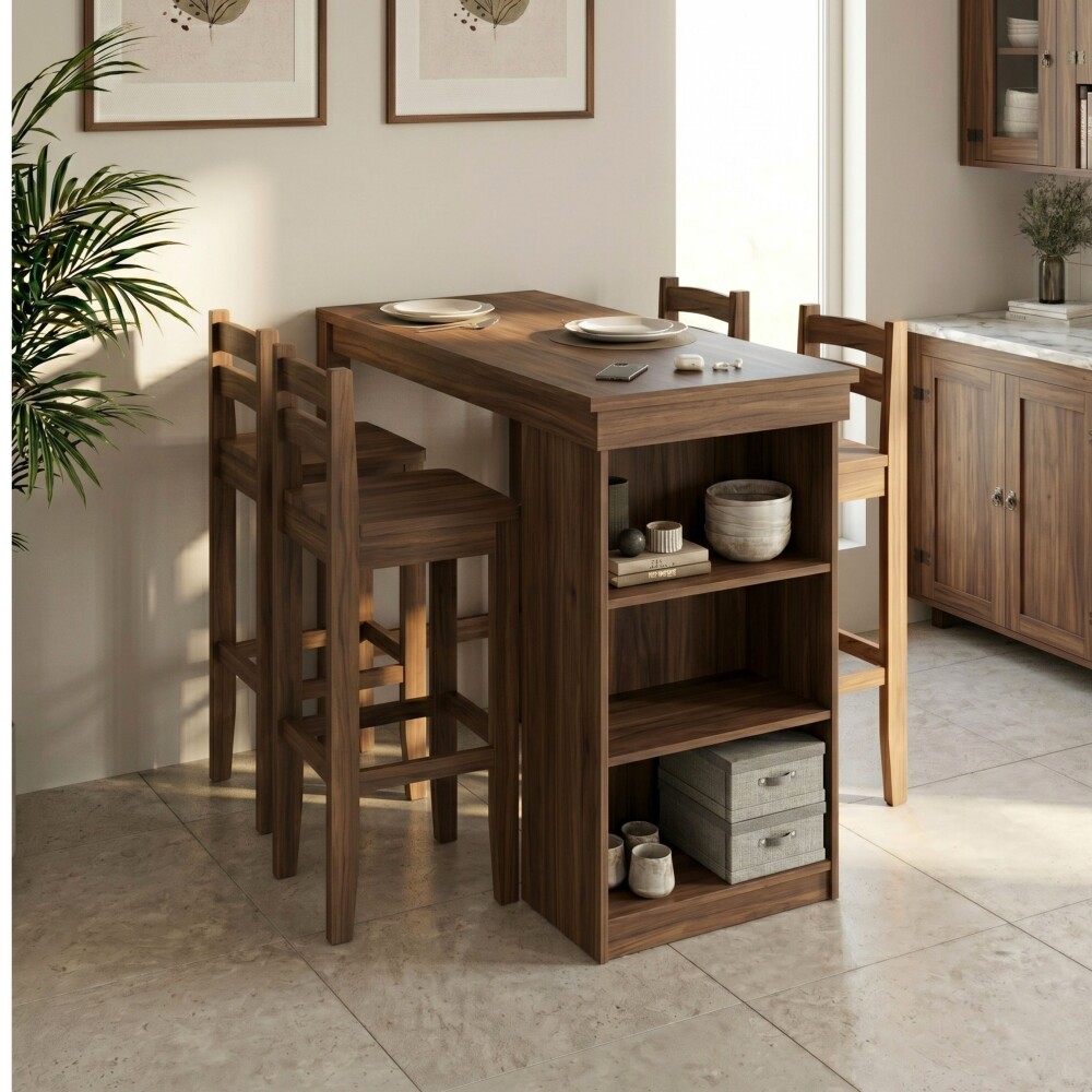 Desayunador 4 Bancos Cocina Comedor Madera - Nogal Desayunador 4 Bancos Cocina Comedor Madera - Nogal