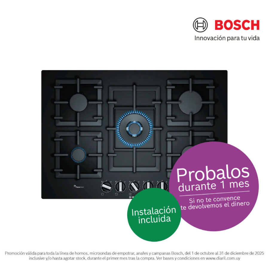 Anafe a gas Bosch Vidrio 75cm PPQ7A6B90 Anafe a gas Bosch Vidrio 75cm PPQ7A6B90