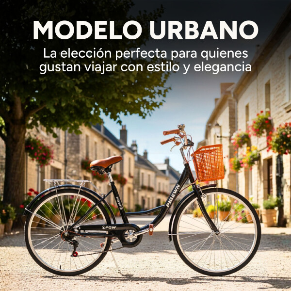Bicicleta Pigewn Urbana Rodado 26 Canasto Freno Disco 7 Vel Color Negro