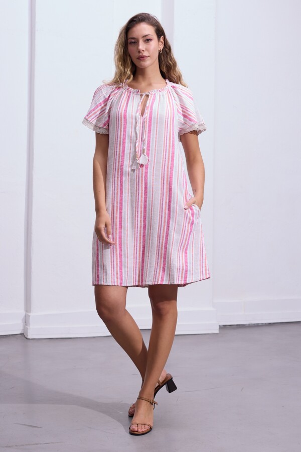 Vestido Lino Lineas MULTI/FUCSIA