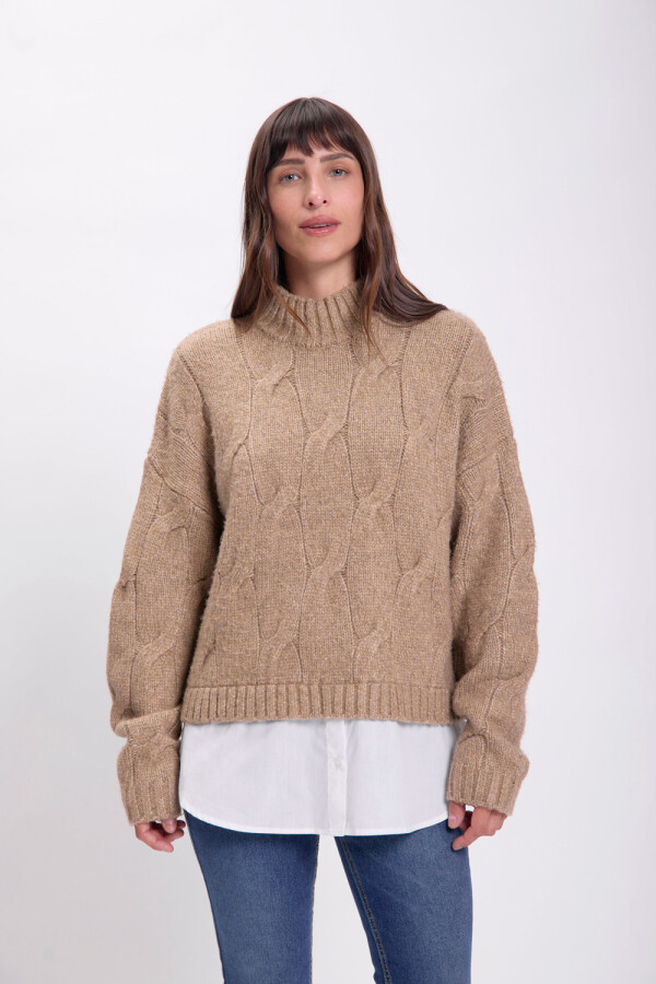 Sweater tejido cuello camisa Tostado