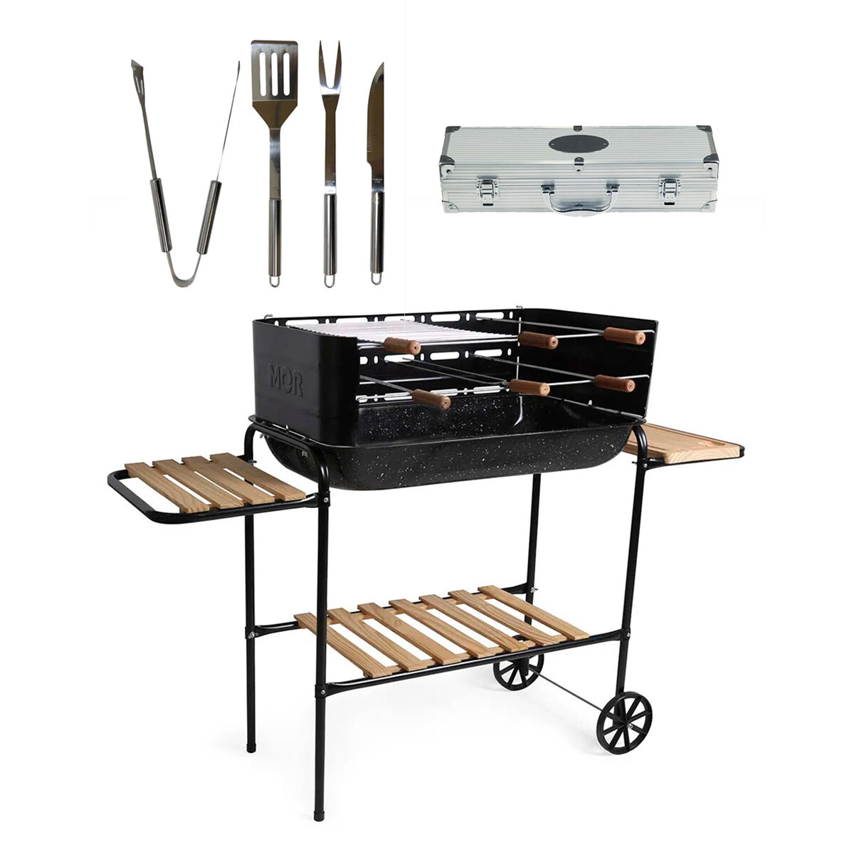 Set Asador con Parrillero Rodeio Mor + Cubiertos Asado X4 - Negro 