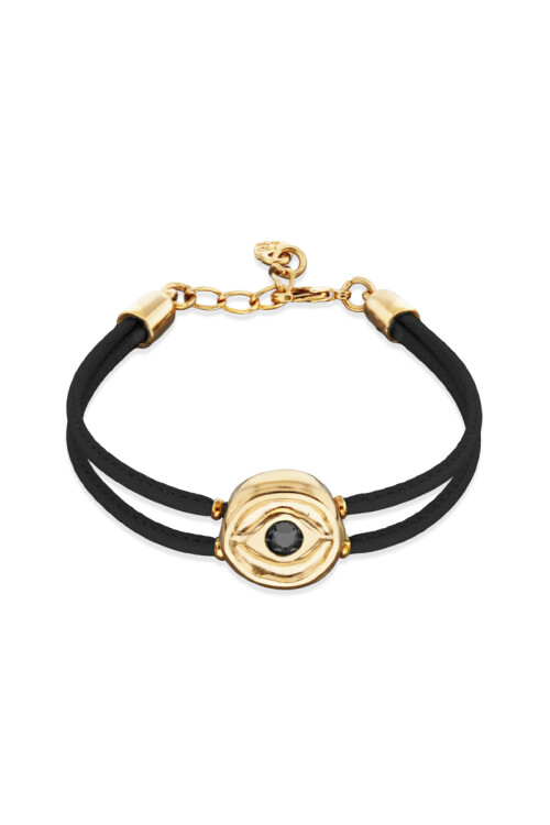PULSERA DE CUERO DOBLE NEGRO CON DETALLE DE OJO EN ALEACIÓN DE METALES BAÑADO EN ORO 18K Y CRISTAL Pulsera