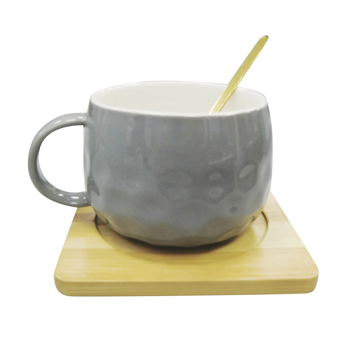 Taza Cerámica con Cuchara y Posavaso 200 ml - GRIS 
