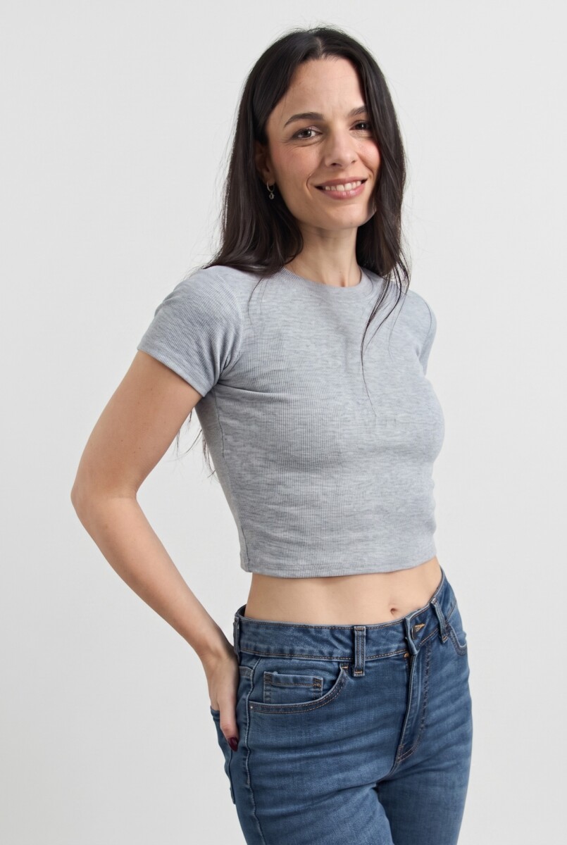 Remera m/c acanalada cuello a la base - Gris melange 