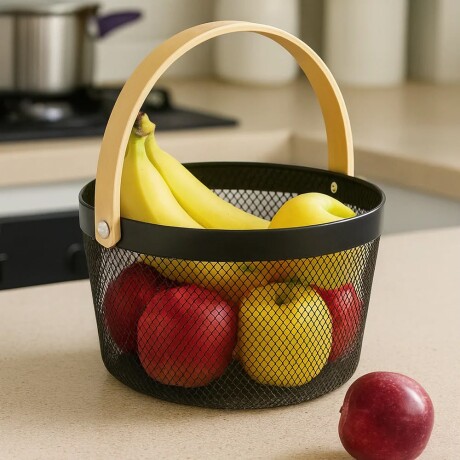 Canasta Frutera de Metal con Asa de Bambú Ø26cm x Alto 19cm Canasta Frutera de Metal con Asa de Bambú Ø26cm x Alto 19cm