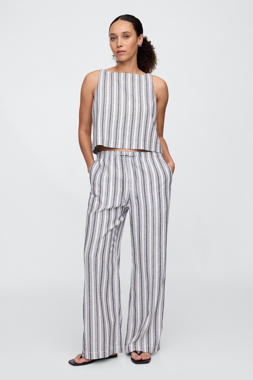Pantalón De Lino Mujer Blue White Stripe