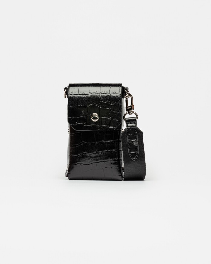 Porta celular Menorca en cuero grabado croco Negro