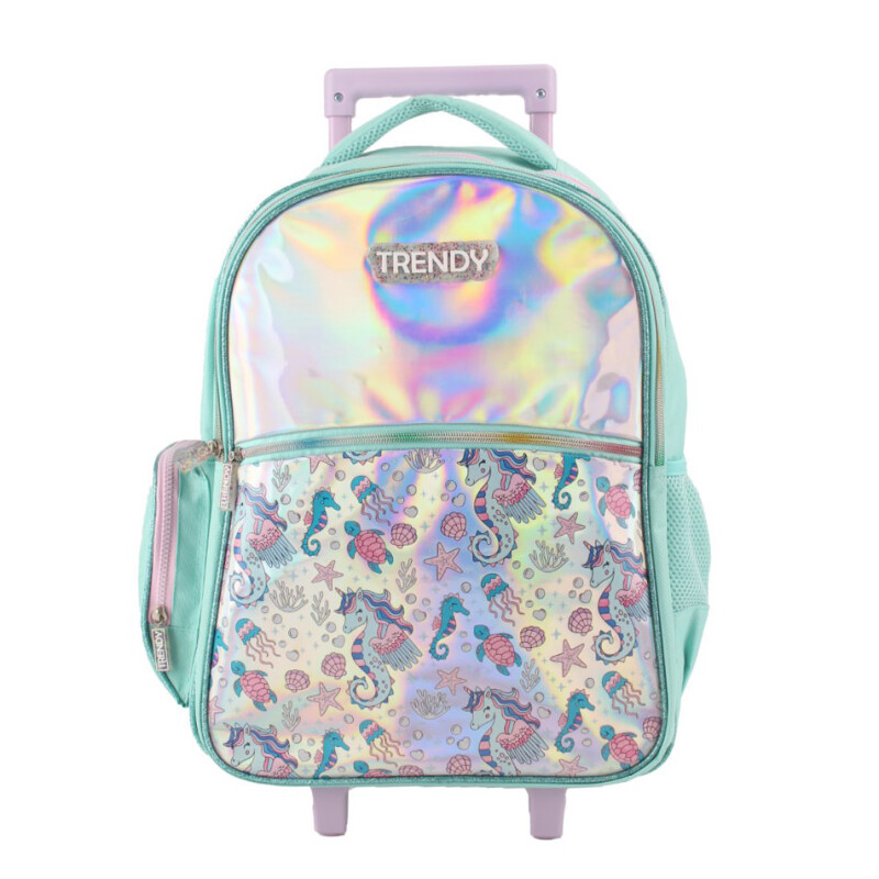 Mochila Trendy C/Carro Emoticon Verde Agua - Lila