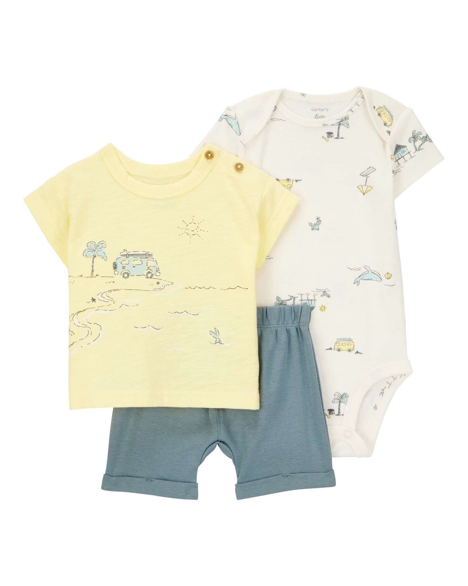 Set tres piezas de algodón, short, remera y body, diseño playa Sin color